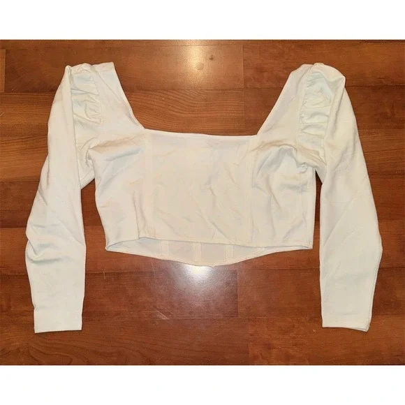 Women's XL Cropped chic White Long Sleeve Square Neck Corset Top Blouse H&M NWT‎ - Picture 12 of 12
